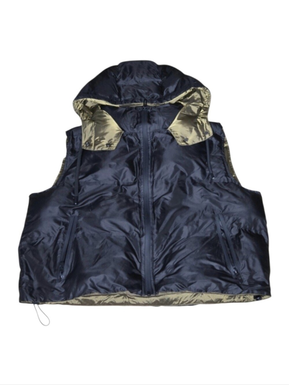 Zara Black and Olive Puffer Hoodie Zip-up Vest with Pockets, Size Small Women's.